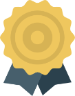 Icon of a golden color Badge with concentric circles and ribbons, resembling an award or achievement badge