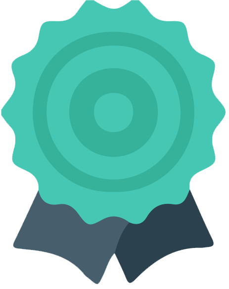 Icon of a emerald color Badge with concentric circles and ribbons, resembling an award or achievement badge